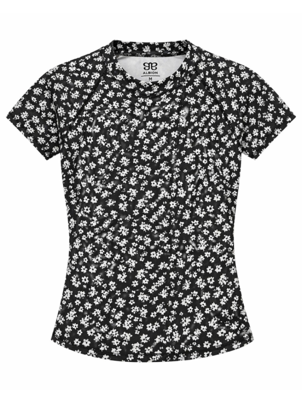 Albion Swim Top Rash Guard Tee Black White Floral Short Sleeve Surf Active Sz M